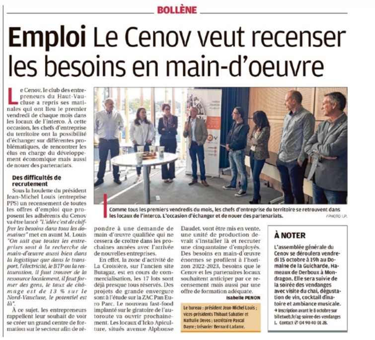article la provence matinale du 01 octobre - Le cenov veut recenser les besoins en main d'oeuvre