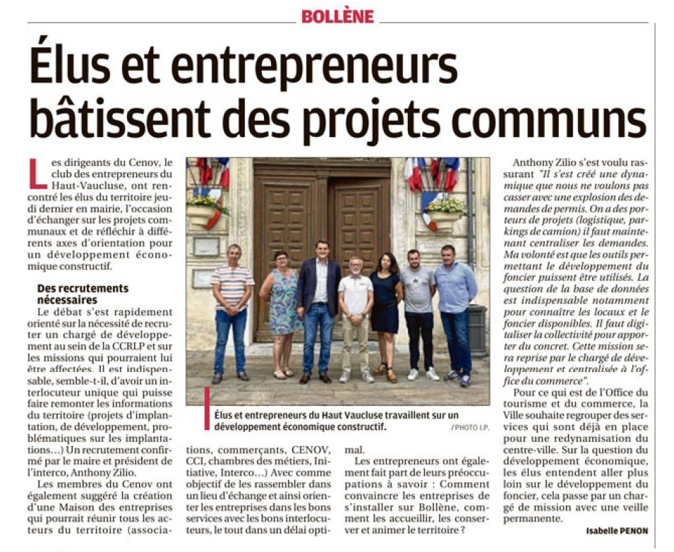 Elus et entrepreneurs bâtissent des projets communs - article la provence paru lundi 12.07.2021