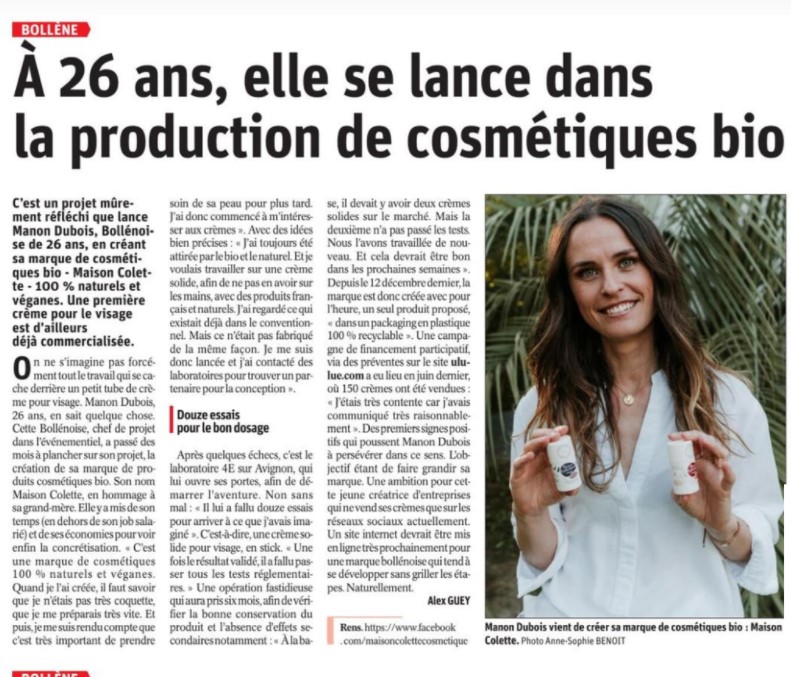 A 26 ans, elle se lance dans la production de cosmétiques bio - article le dauphine maison colette