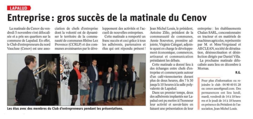Entreprise : gros succès de la matinale du CENOV | Article de presse le Dauphine le 08 novembre 2021