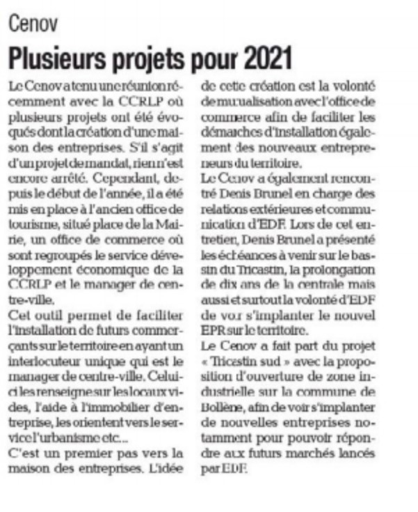 CENOV, Plusieurs projets pour 2021 | Article la tribune paru le 11/03/2021