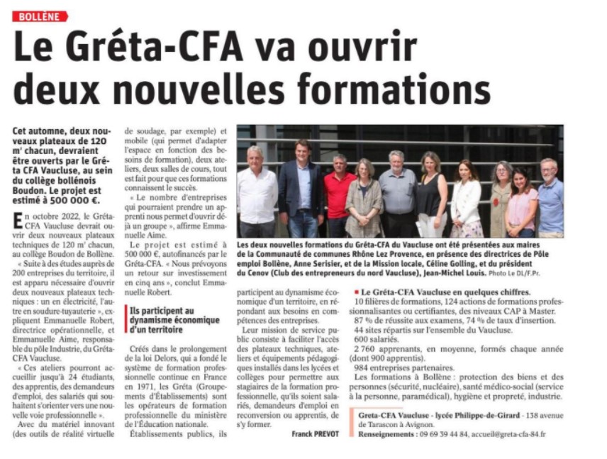 greta cfa va ouvrir 2 nouvelles formations sur bollene le dauphiné 13 mai 2022